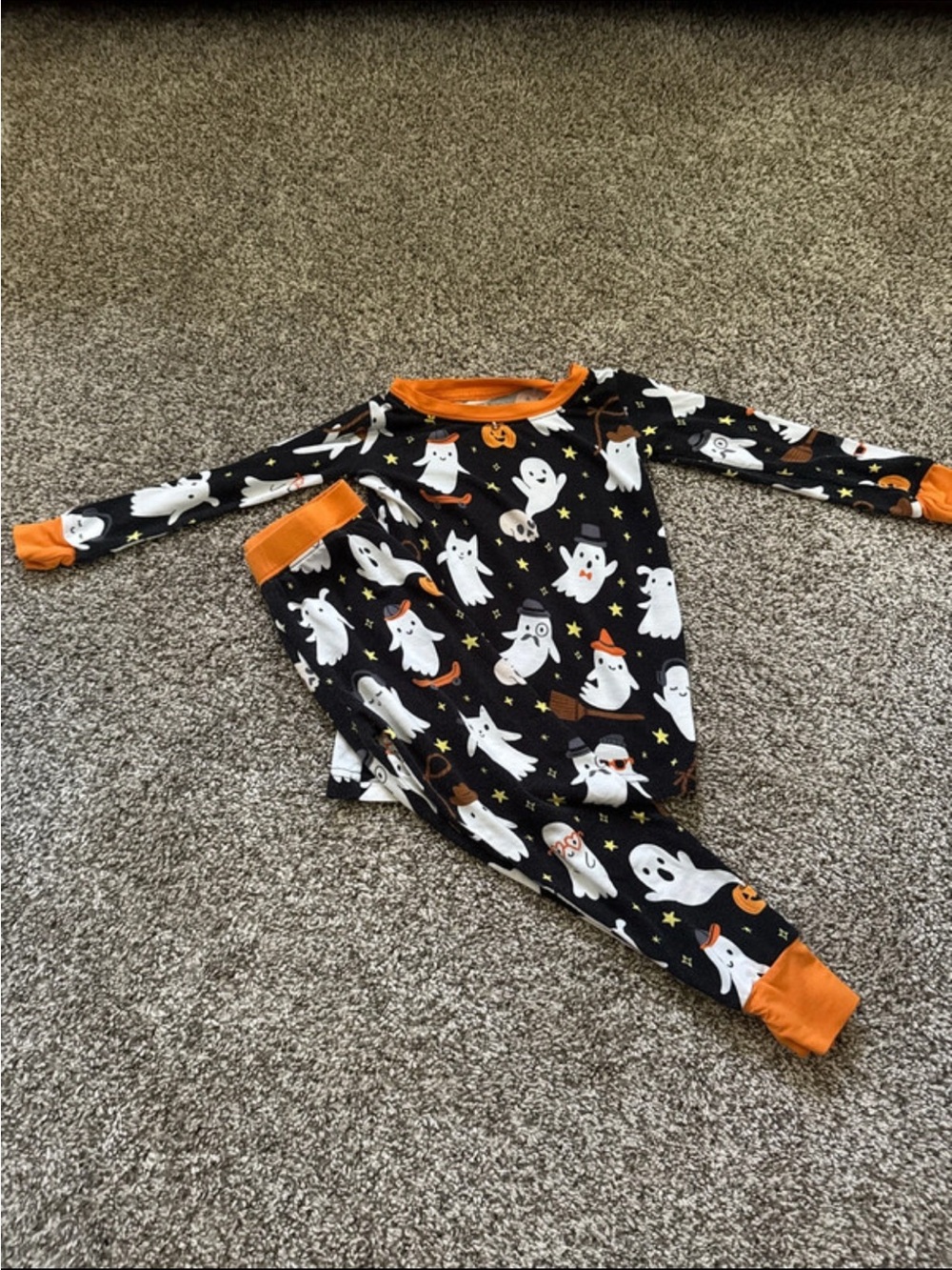 Little Sleepies Black Ghost Print Pajama Set with Orange Trim